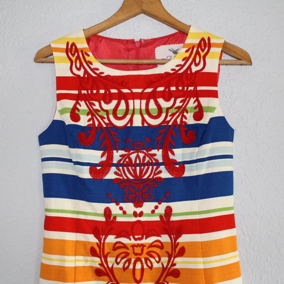 Anthropologie Tabitha Dress bright multi color stripes embroidered Sz 4 - Picture 4 of 9